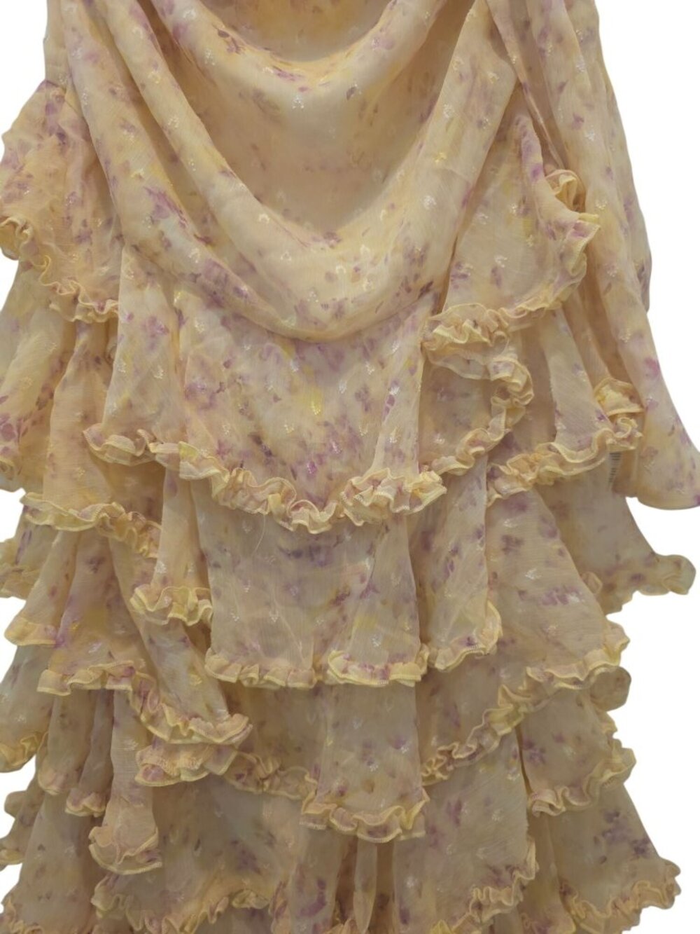 PrettyLittleThing Pastel Yellow Chiffon Floral Print Tiered Frill Maxi Dress 12 - Picture 6 of 10